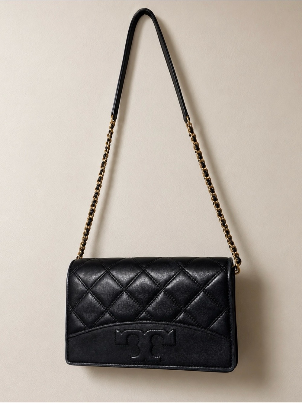 Tory Burch Black Quilted Leather Chain-Strap Crossbody with Logo